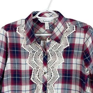 NEW Tantrums Lace Button Up Shirt Top Womens M Purple Plaid Rayon Long Sleeve